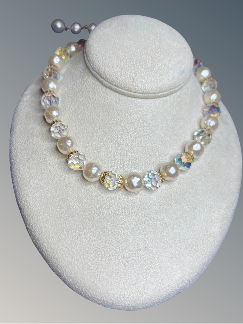 Vintage Laguna Gold Tone Necklace Lucite Pearl  Glass AB Crystal Beaded Choker